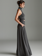 Women's Charcoal Gray Stretch Knit Dress With Turtleneck Halter & Cutout Waist, Timeless Minimalist Elegant Style Dress