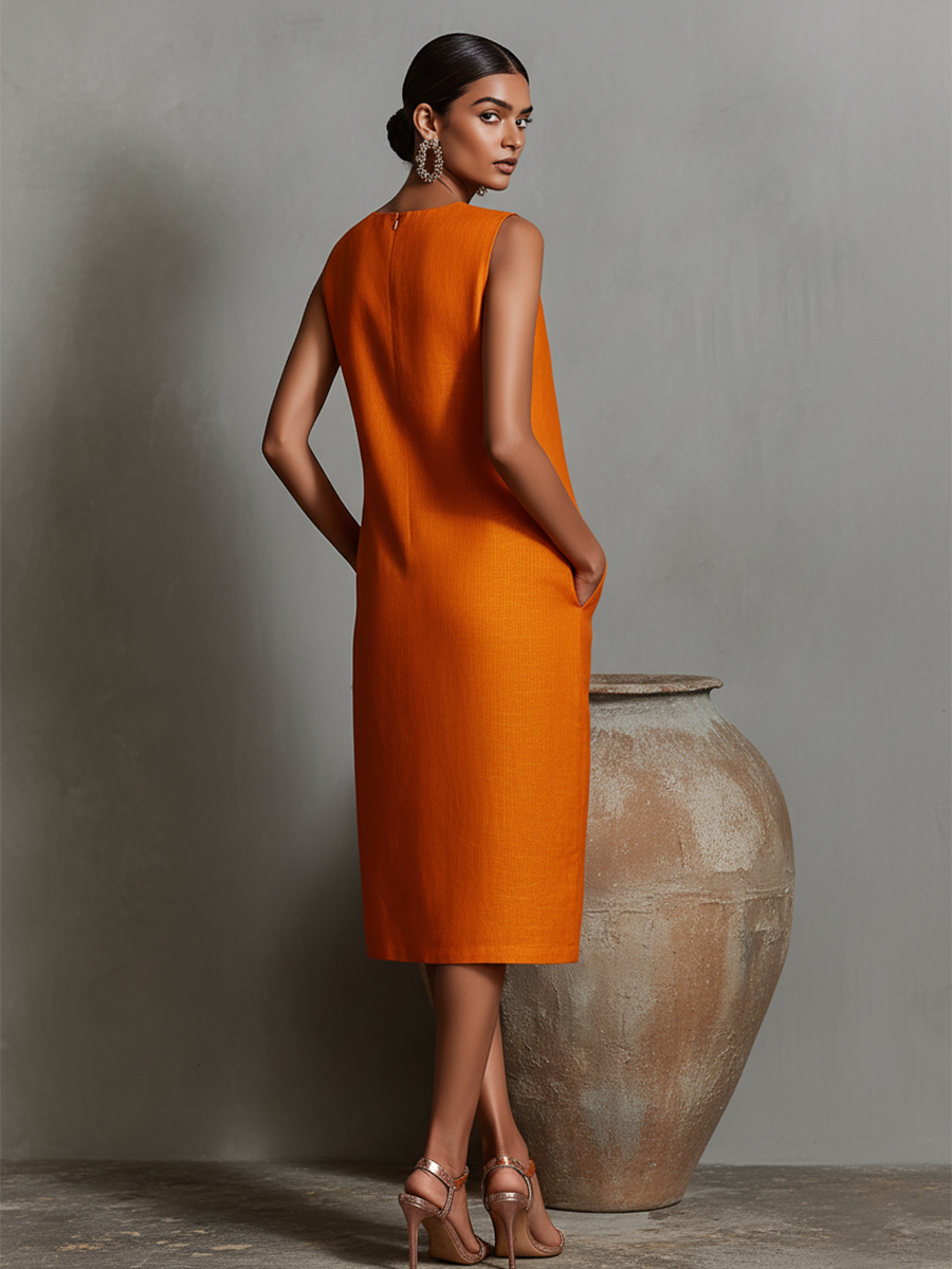 Women's Orange Shift Dress With Sleeveless Round Neck & Side Pockets, Timeless Minimalist-Elegant Style Dress