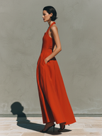 Women's Red Maxi Dress With Halter Neck & Pleated Skirt, Timeless Elegant-Resort Style Dress