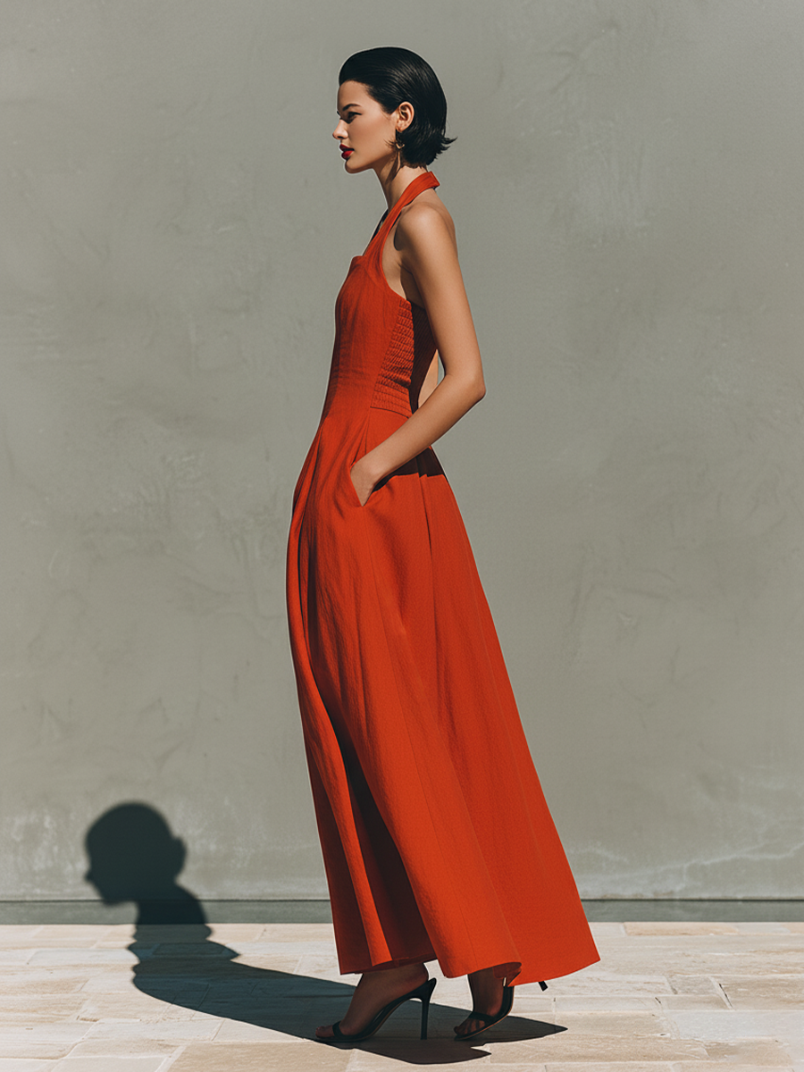 Women's Red Maxi Dress With Halter Neck & Pleated Skirt, Timeless Elegant-Resort Style Dress