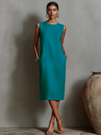 Women's Orange Shift Dress With Sleeveless Round Neck & Side Pockets, Timeless Minimalist-Elegant Style Dress