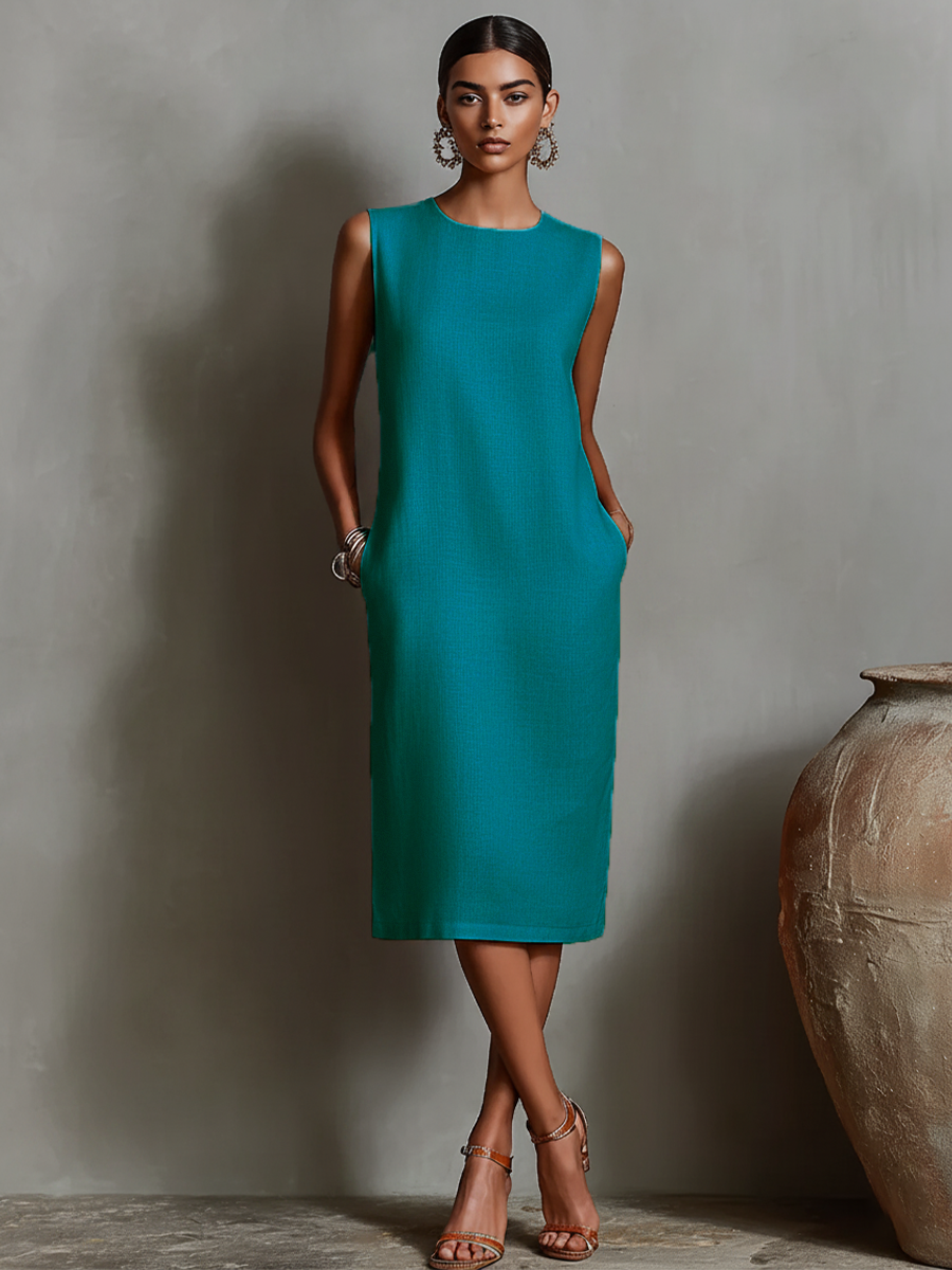 Women's Orange Shift Dress With Sleeveless Round Neck & Side Pockets, Timeless Minimalist-Elegant Style Dress