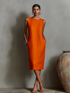 Women's Orange Shift Dress With Sleeveless Round Neck & Side Pockets, Timeless Minimalist-Elegant Style Dress